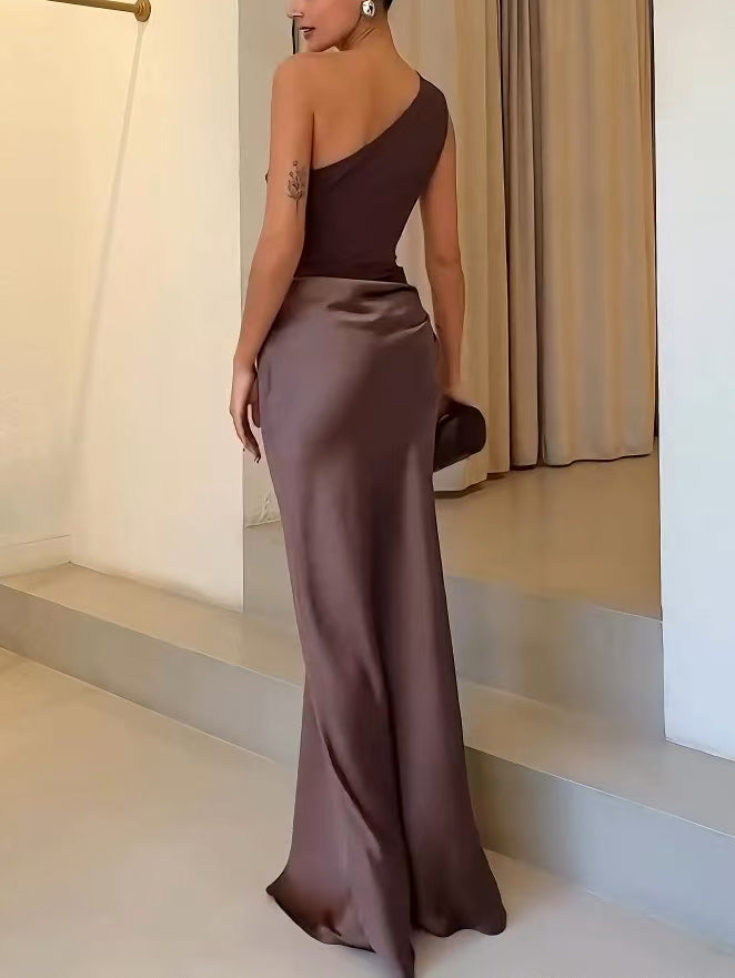 Women's Elegant One Shoulder Pleated Party Maxi Dress | Belluvyn