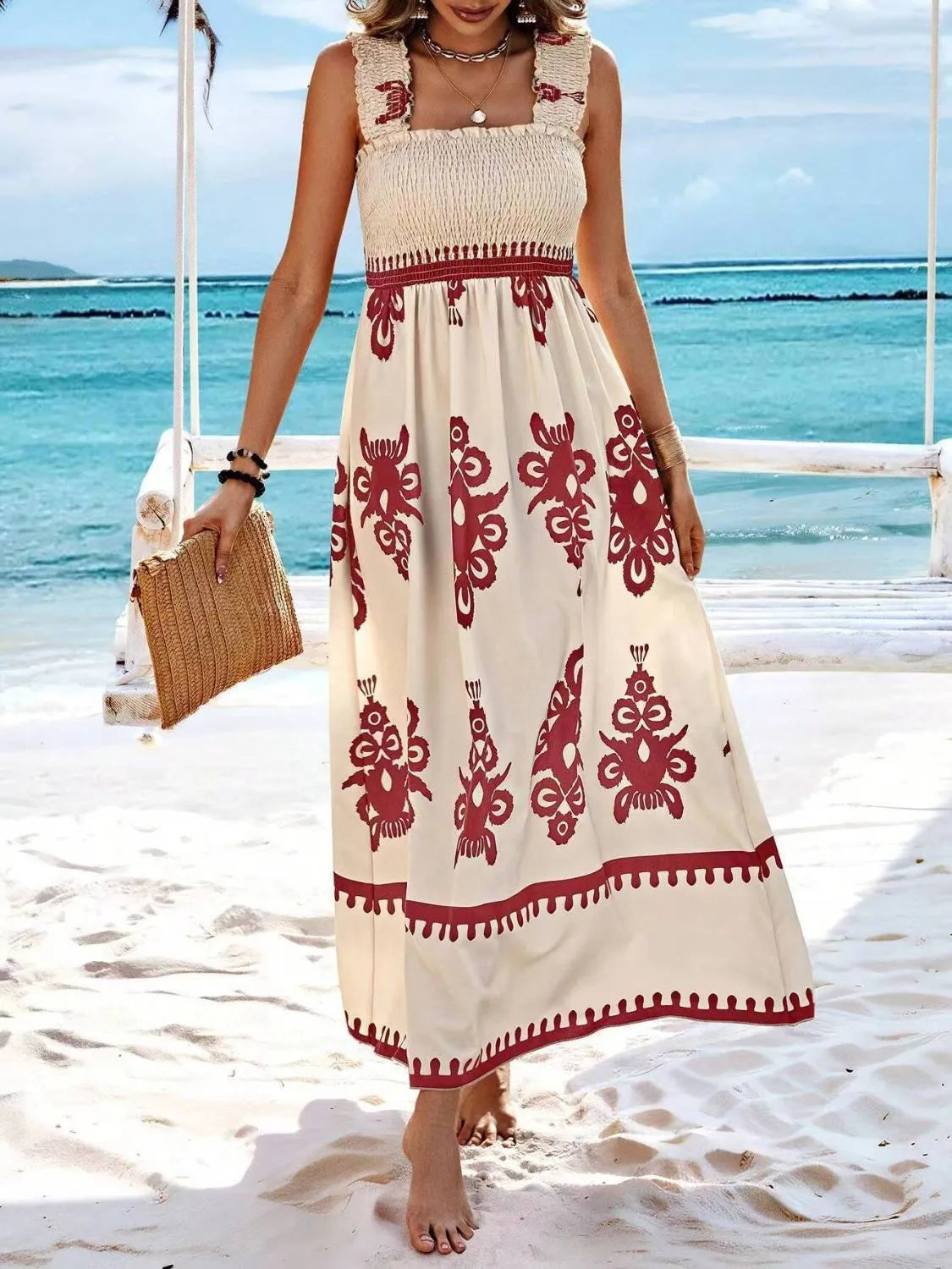 Women's Smocked Printed Wide Strap Maxi Dress | Belluvyn