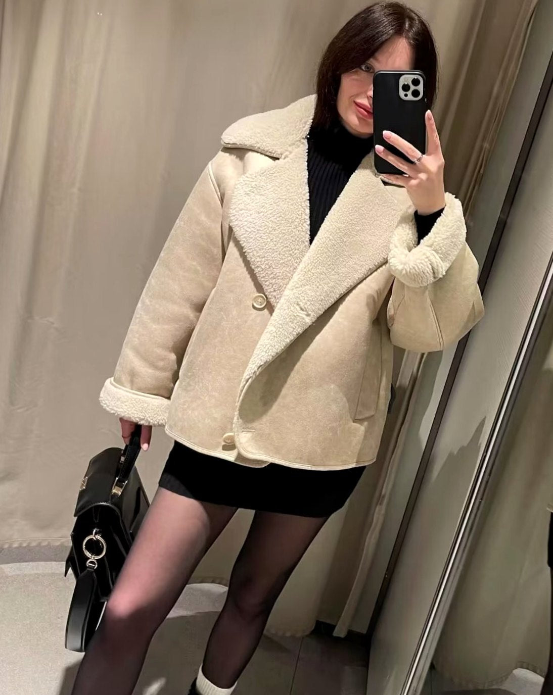 Women's Oversized Faux Shearling Moto Jacket | Belluvyn
