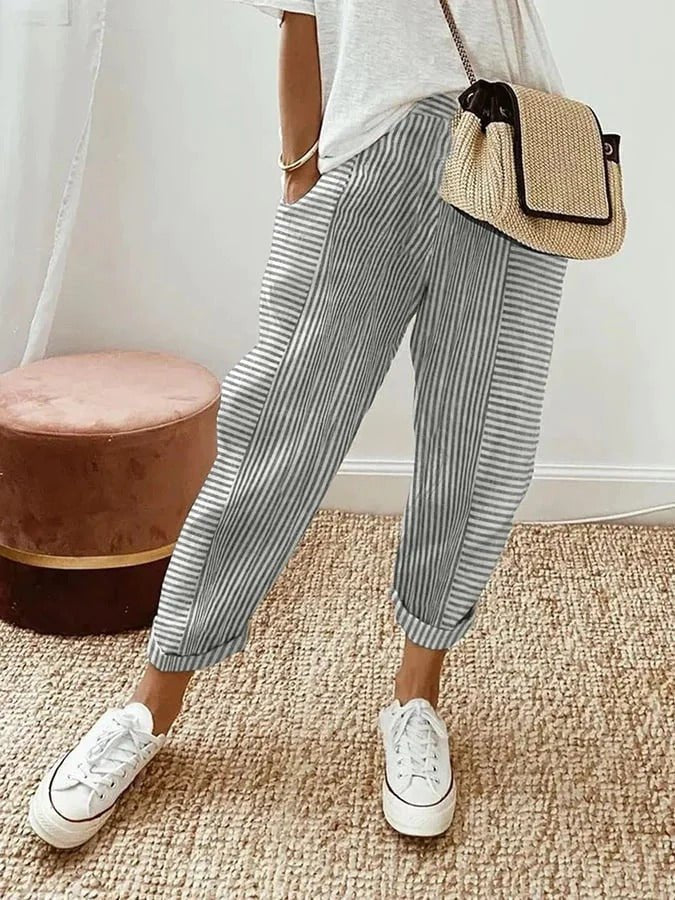 Women's Striped Linen Tapered Trousers | Belluvyn