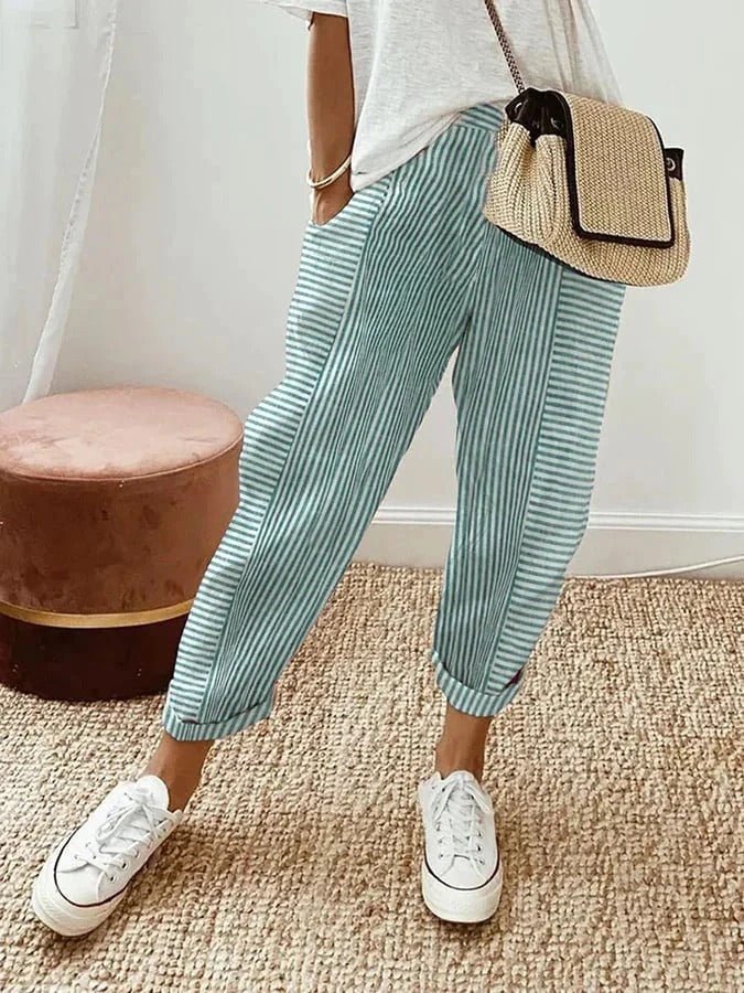 Women's Striped Linen Tapered Trousers | Belluvyn