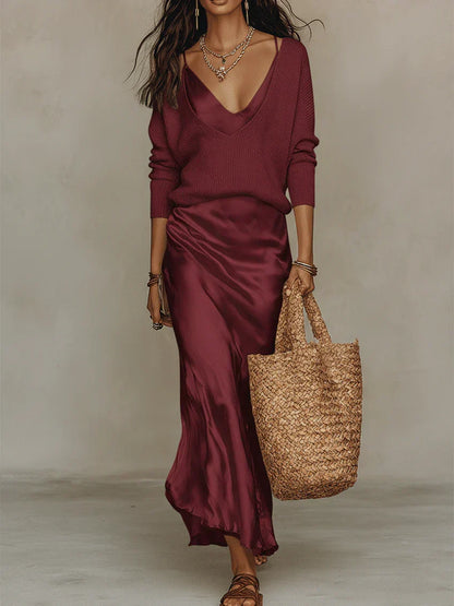 Women’s Satin Midi Dress with Sweater Set | Belluvyn