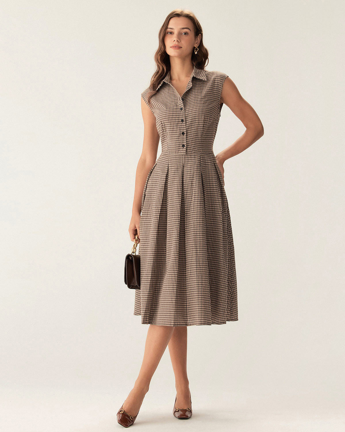Brown Plaid Pleated Midi Dress | Belluvyn