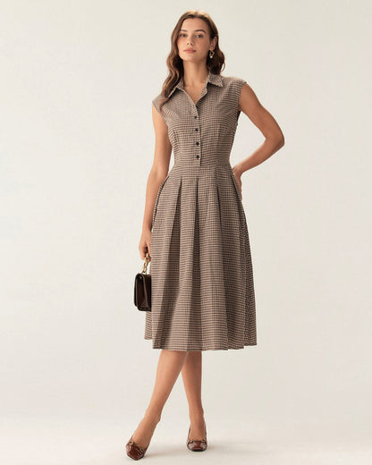 Brown Plaid Pleated Midi Dress | Belluvyn