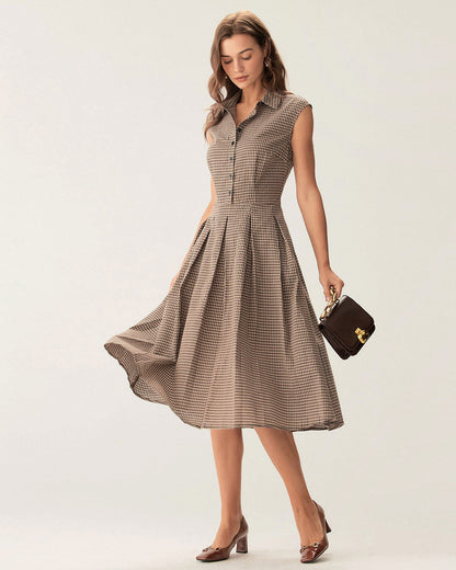 Brown Plaid Pleated Midi Dress | Belluvyn