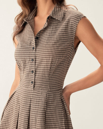 Brown Plaid Pleated Midi Dress | Belluvyn