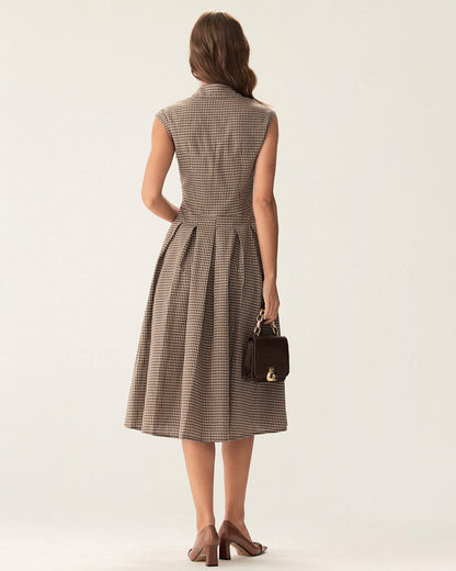 Brown Plaid Pleated Midi Dress | Belluvyn