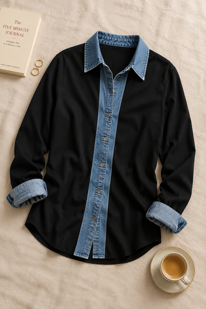 Women’s Two-Tone Denim Trim Button-Up Shirt | Belluvyn