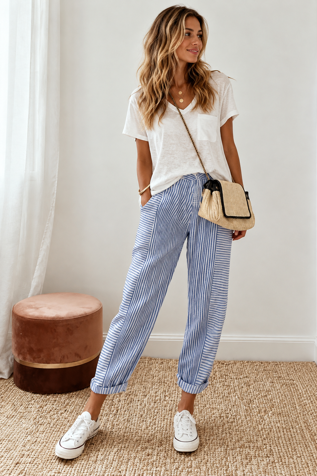 Women's Striped Linen Tapered Trousers | Belluvyn