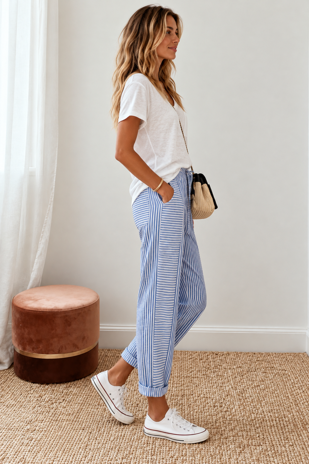 Women's Striped Linen Tapered Trousers | Belluvyn