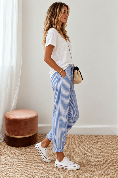 Women's Striped Linen Tapered Trousers | Belluvyn