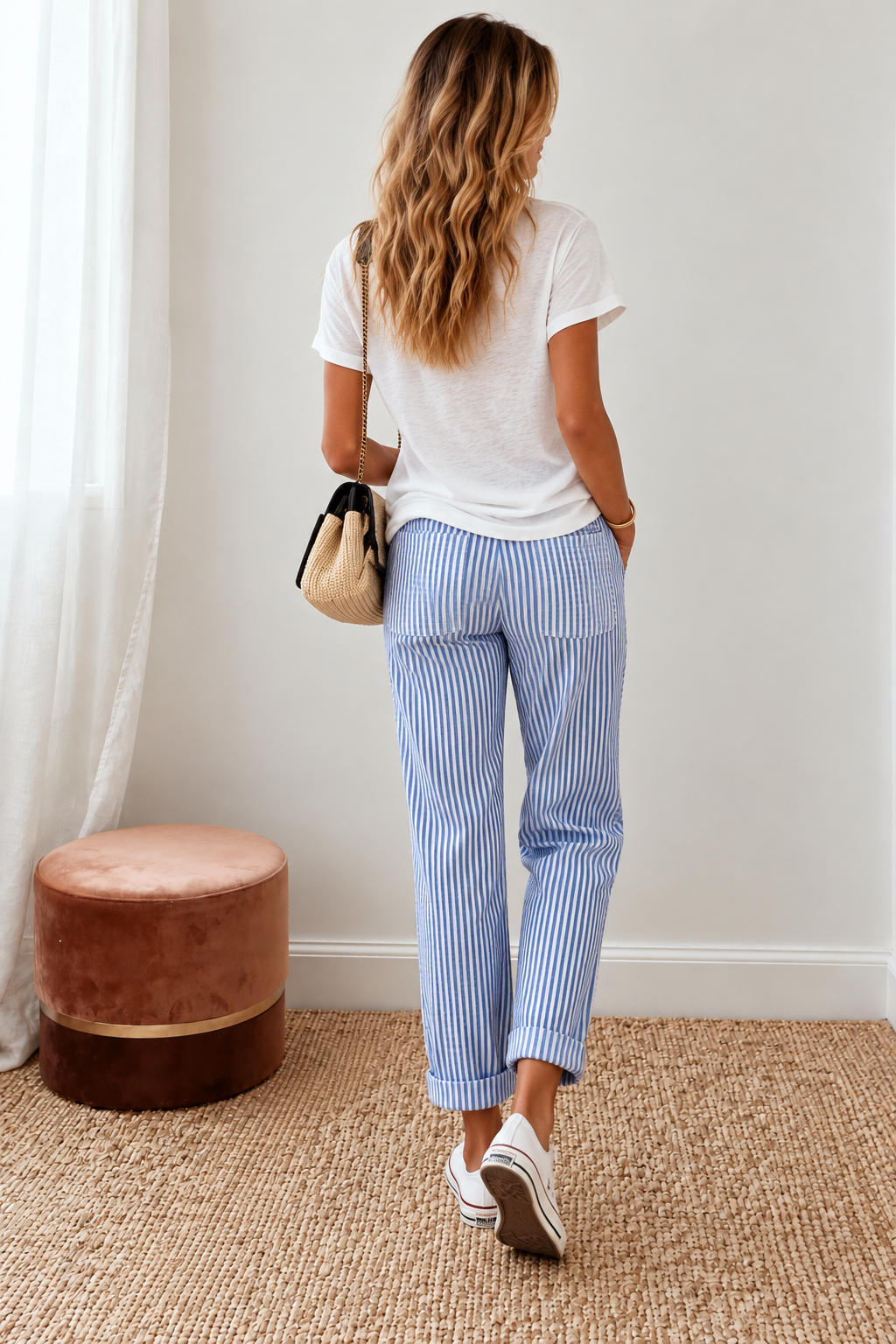 Women's Striped Linen Tapered Trousers | Belluvyn