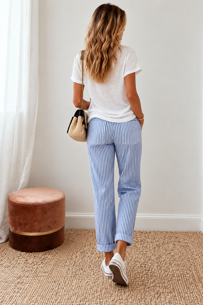Women's Striped Linen Tapered Trousers | Belluvyn