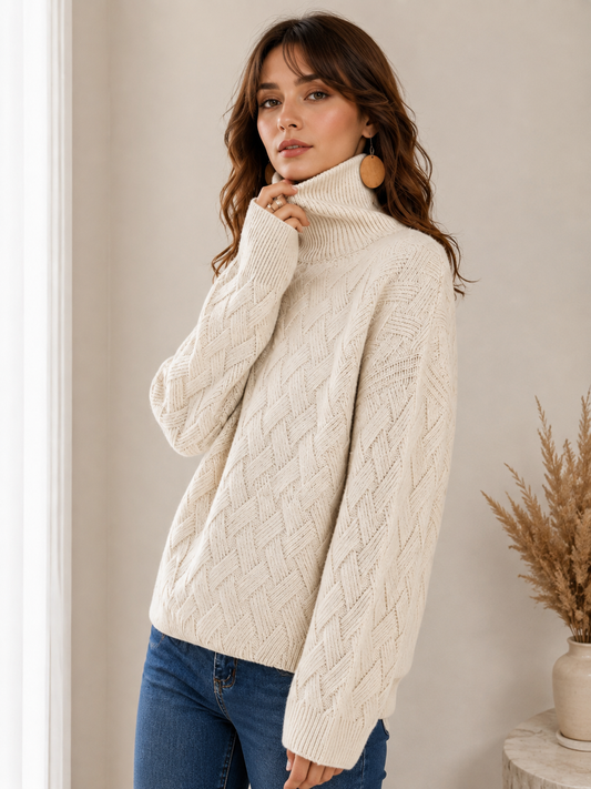 Women's Cozy Chunky Knit Turtleneck Sweater Oversized Sleeves | Belluvyn