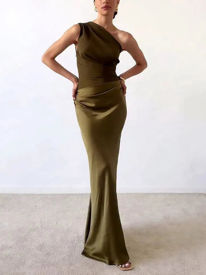 Women's Elegant One Shoulder Pleated Party Maxi Dress | Belluvyn