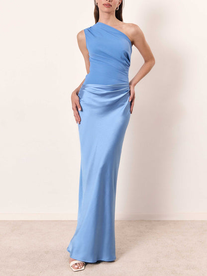 Women's Elegant One Shoulder Pleated Party Maxi Dress | Belluvyn