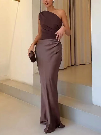 Women's Elegant One Shoulder Pleated Party Maxi Dress | Belluvyn