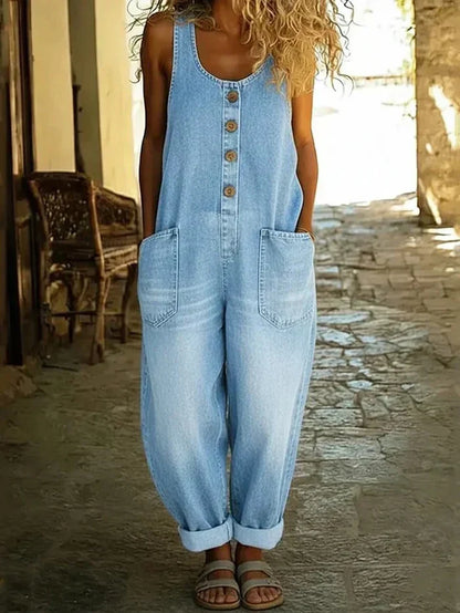 Women's Essential Denim Overalls Loose Fit Sleeveless Jumpsuit | Belluvyn