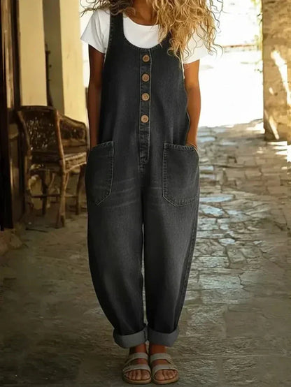 Women's Essential Denim Overalls Loose Fit Sleeveless Jumpsuit | Belluvyn