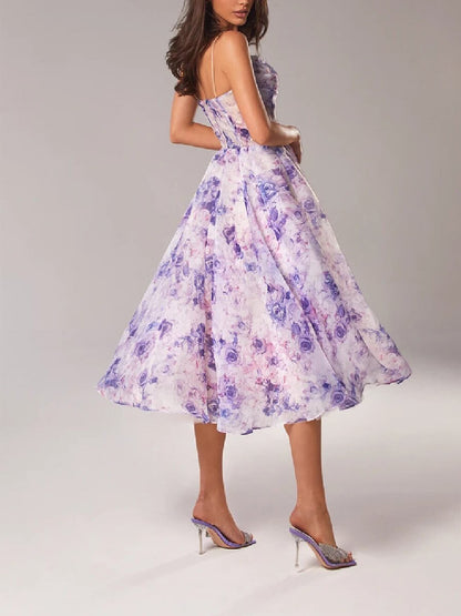 Women's Floral Spaghetti Strap A-Line Midi Dress | Belluvyn
