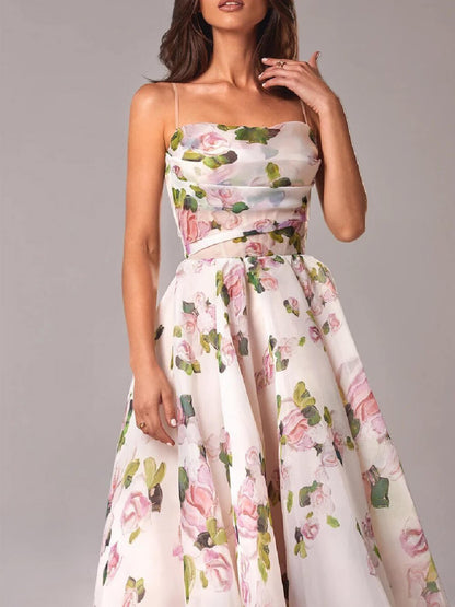 Women's Floral Spaghetti Strap A-Line Midi Dress | Belluvyn