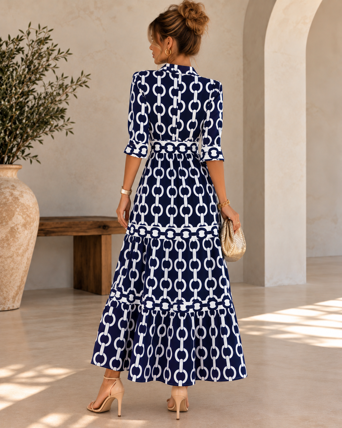 Women's Geometric Print Round Neck Maxi Dress | Belluvyn