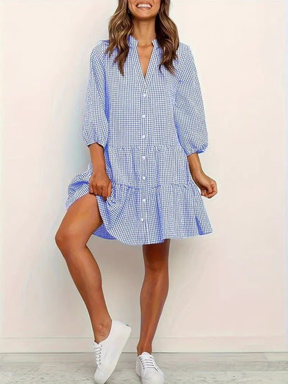 Women's Gingham Print Button-Down Mini Dress 3/4 Sleeve | Belluvyn