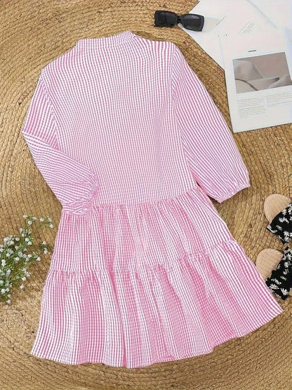 Women's Gingham Print Button-Down Mini Dress 3/4 Sleeve | Belluvyn