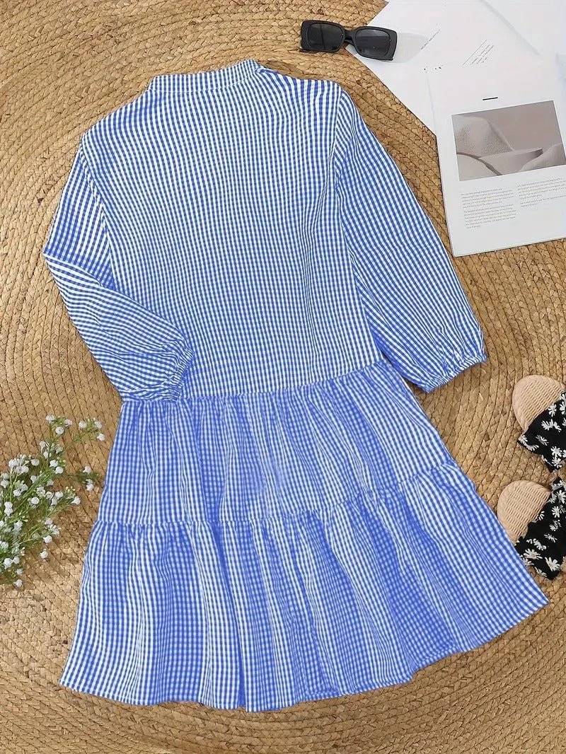 Women's Gingham Print Button-Down Mini Dress 3/4 Sleeve | Belluvyn