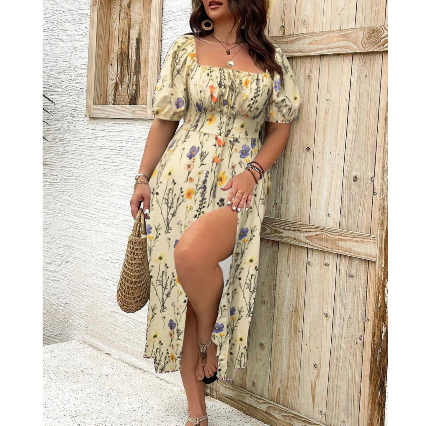 Women's Plus Size Puff Sleeve Classy Maxi Dress | Belluvyn