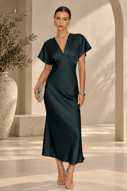 Women's Satin Cowl Sleeve Midi Dress | Belluvyn