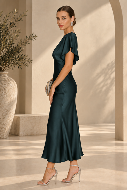Women's Satin Cowl Sleeve Midi Dress | Belluvyn
