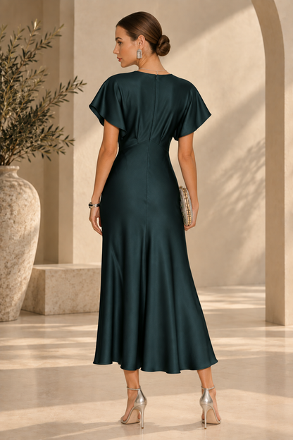 Women's Satin Cowl Sleeve Midi Dress | Belluvyn