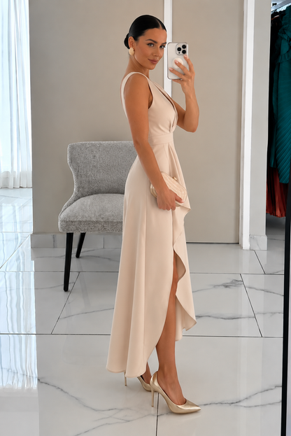 Women's Sleeveless Wrap Wedding Dress V-Neck Asymmetrical Hem | Belluvyn