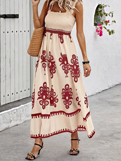 Women's Smocked Printed Wide Strap Maxi Dress | Belluvyn