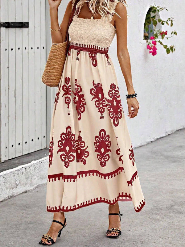 Women's Smocked Printed Wide Strap Maxi Dress | Belluvyn
