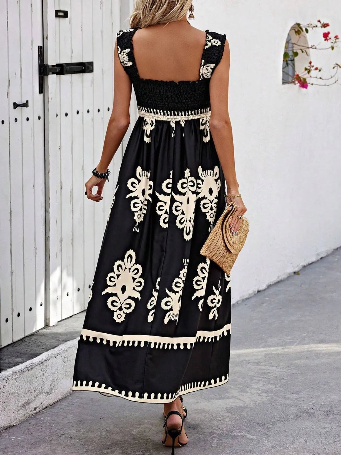 Women's Smocked Printed Wide Strap Maxi Dress | Belluvyn
