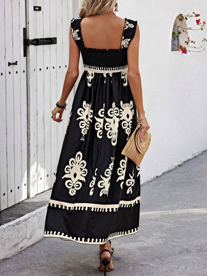 Women's Smocked Printed Wide Strap Maxi Dress | Belluvyn