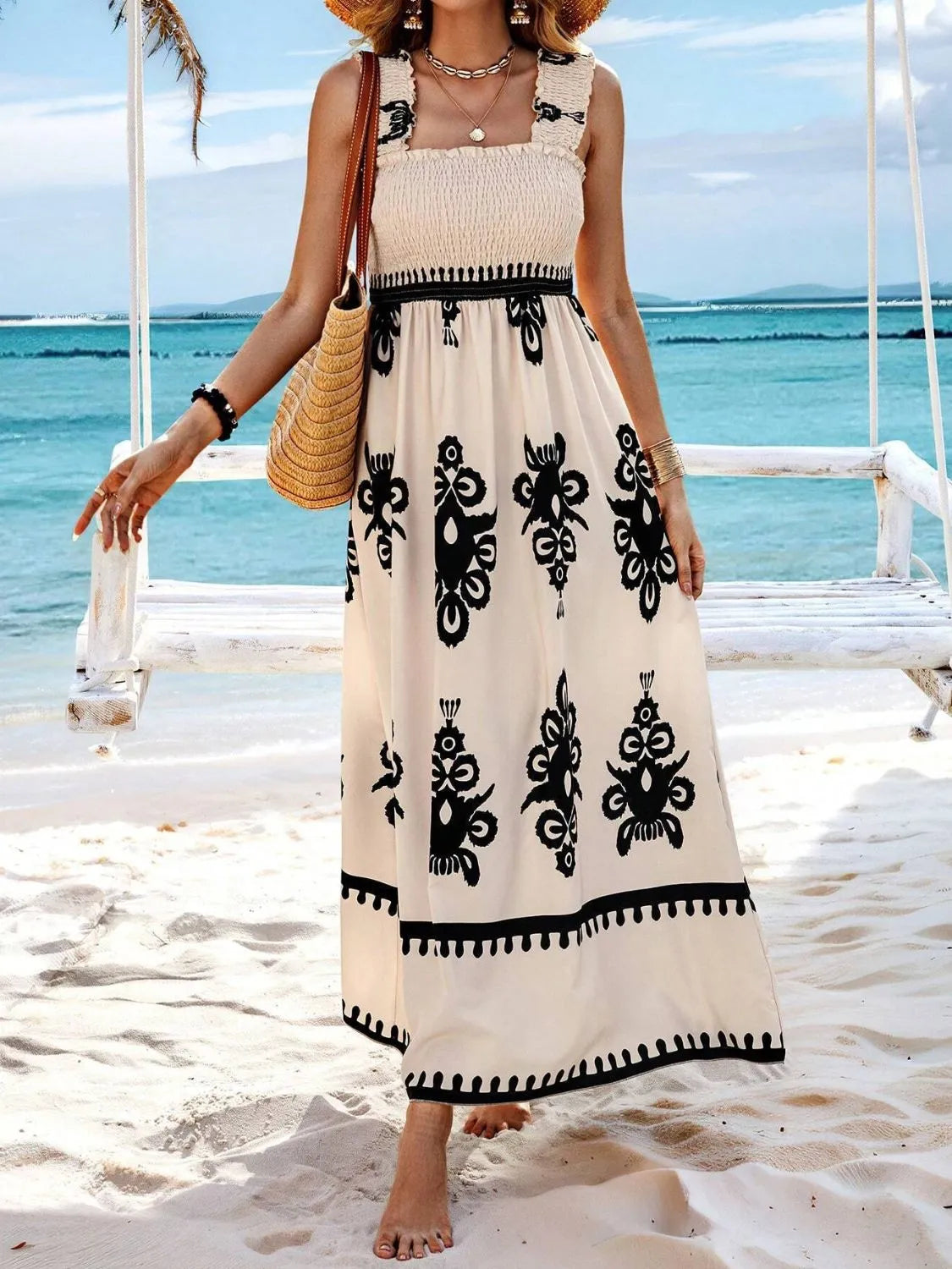 Women's Smocked Printed Wide Strap Maxi Dress | Belluvyn