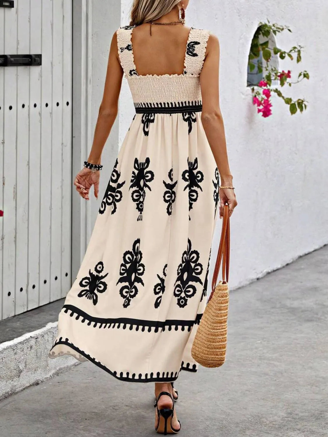 Women's Smocked Printed Wide Strap Maxi Dress | Belluvyn