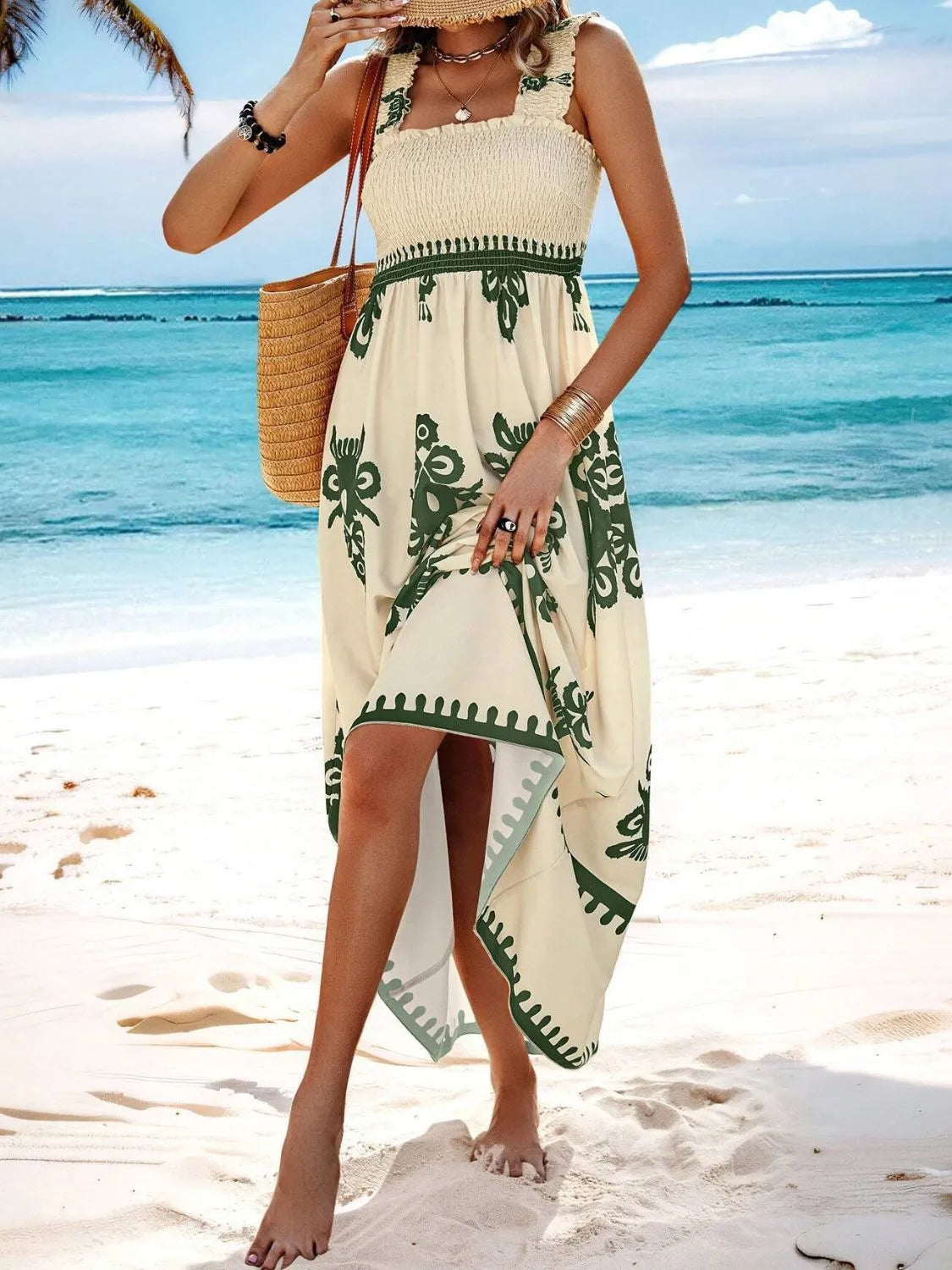 Women's Smocked Printed Wide Strap Maxi Dress | Belluvyn