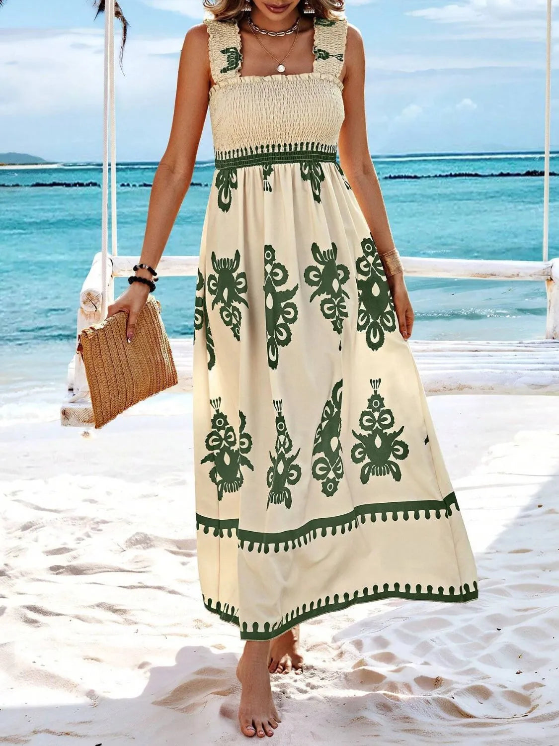 Women's Smocked Printed Wide Strap Maxi Dress | Belluvyn