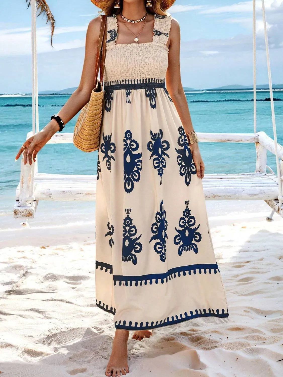Women's Smocked Printed Wide Strap Maxi Dress | Belluvyn