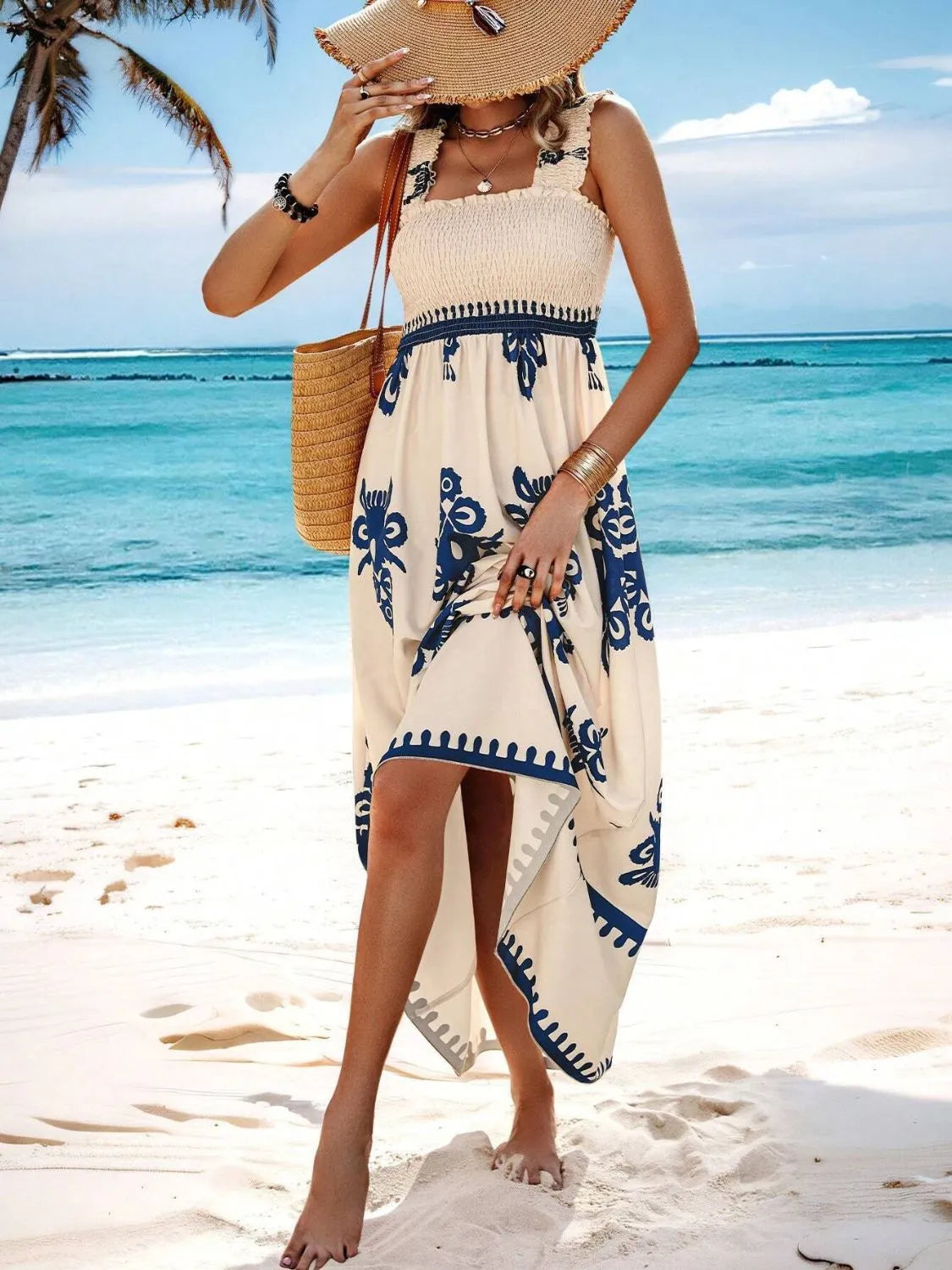 Women's Smocked Printed Wide Strap Maxi Dress | Belluvyn