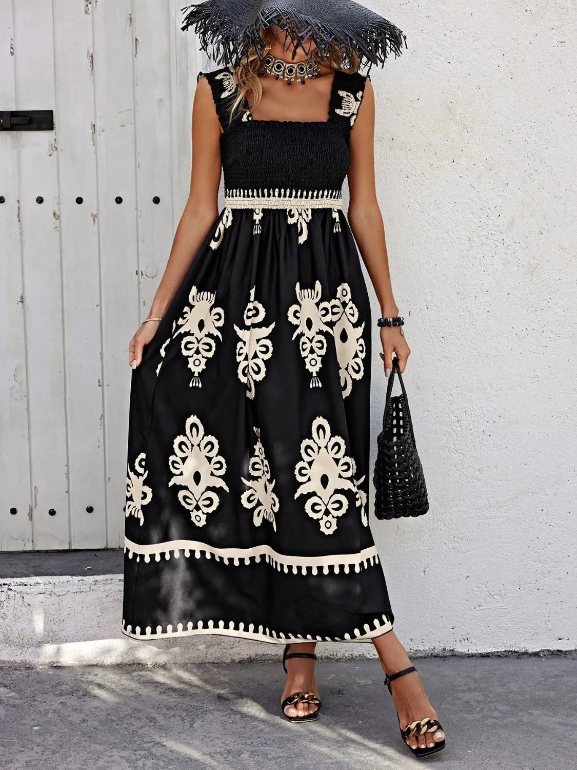 Women's Smocked Printed Wide Strap Maxi Dress | Belluvyn