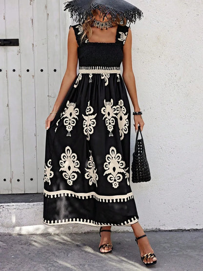 Women's Smocked Printed Wide Strap Maxi Dress | Belluvyn