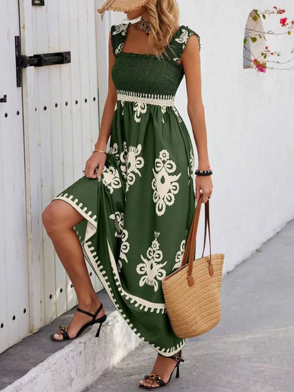 Women's Smocked Printed Wide Strap Maxi Dress | Belluvyn