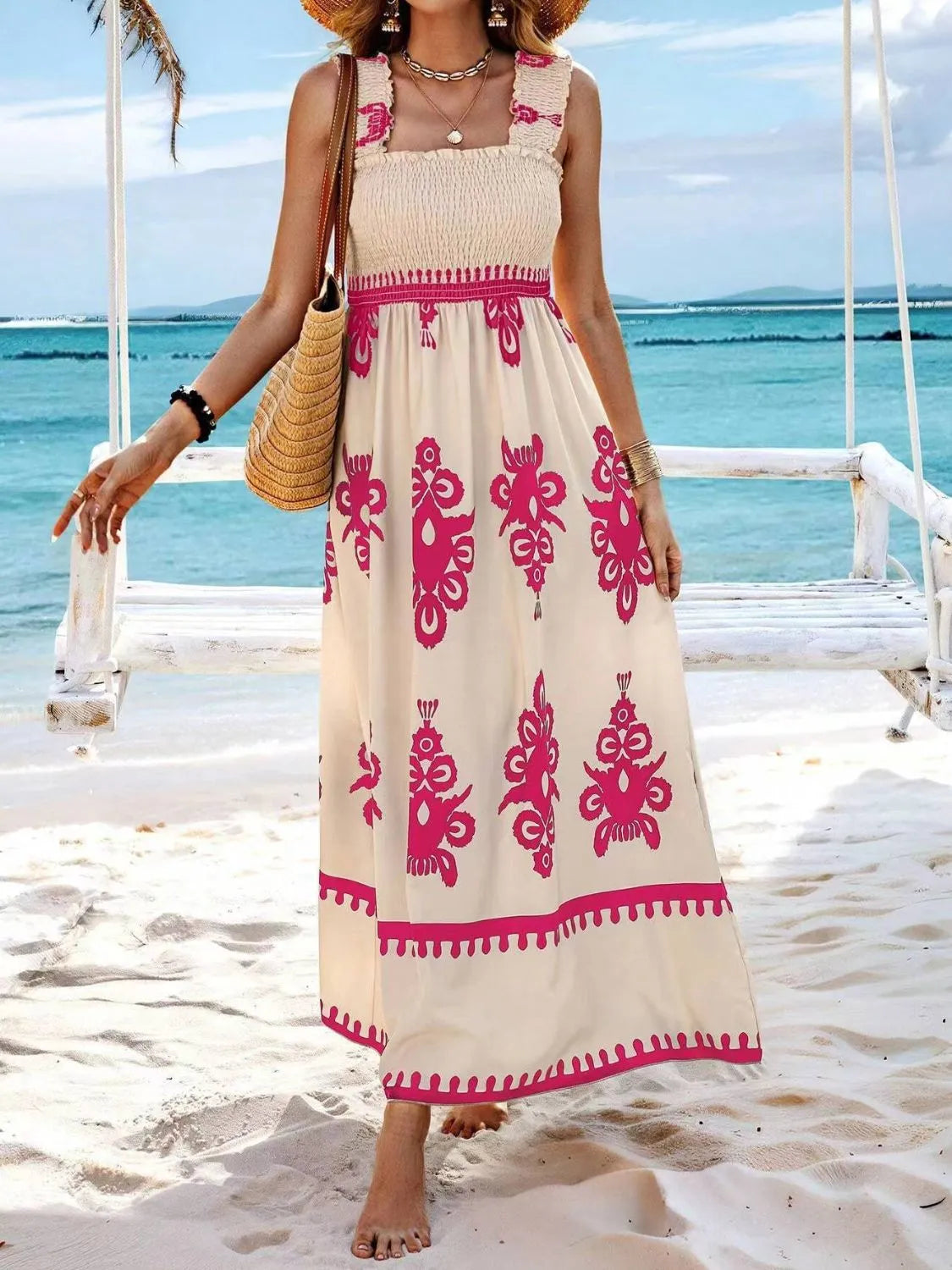 Women's Smocked Printed Wide Strap Maxi Dress | Belluvyn