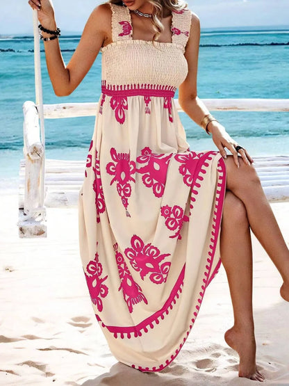 Women's Smocked Printed Wide Strap Maxi Dress | Belluvyn