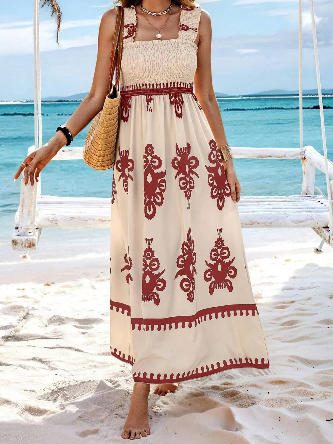 Women's Smocked Printed Wide Strap Maxi Dress | Belluvyn